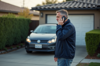 Homme d'une quarantaine avec smartphone devant garage