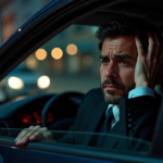 Homme en costume dans une voiture la nuit avec un regard regrette