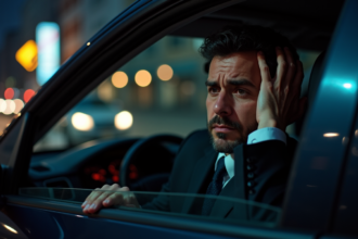 Homme en costume dans une voiture la nuit avec un regard regrette