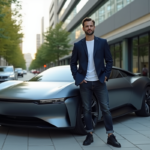 Homme élégant devant une voiture futuriste 2026 en ville