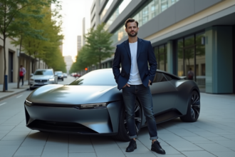 Homme élégant devant une voiture futuriste 2026 en ville
