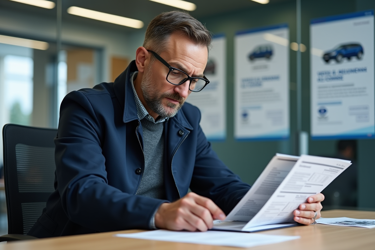 Homme d'âge moyen vérifiant un certificat d'immatriculation français