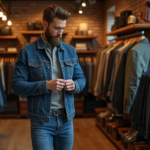 Homme en denim vintage dans une boutique chaleureuse