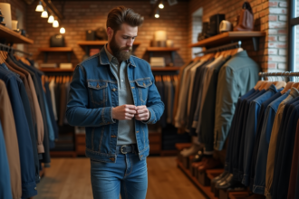 Homme en denim vintage dans une boutique chaleureuse