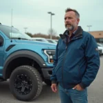Homme en veste bleue près d’un pickup 2026 sur un lot