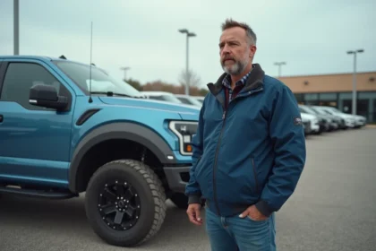 Homme en veste bleue près d’un pickup 2026 sur un lot