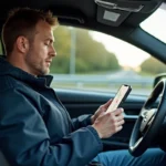 Homme d'âge moyen dans sa voiture consulte une carte sur smartphone