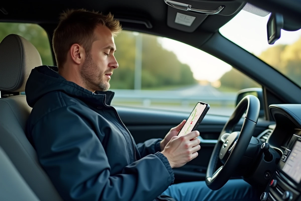 Homme d'âge moyen dans sa voiture consulte une carte sur smartphone