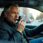 Homme d'âge moyen avec éthylotest dans voiture moderne