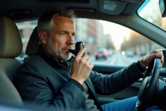 Homme d'âge moyen avec éthylotest dans voiture moderne