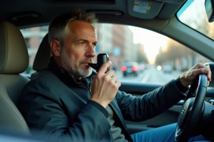 Homme d'âge moyen avec éthylotest dans voiture moderne