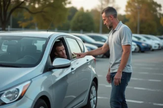 Homme regardant à travers la vitre de sa voiture verrouillée avec les clés visibles à l'intérieur
