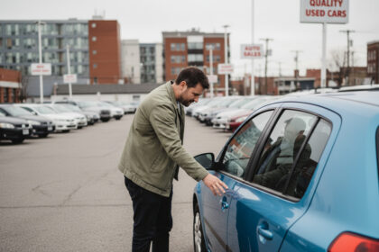 Homme inspectant une voiture d'occasion dans un concessionnaire