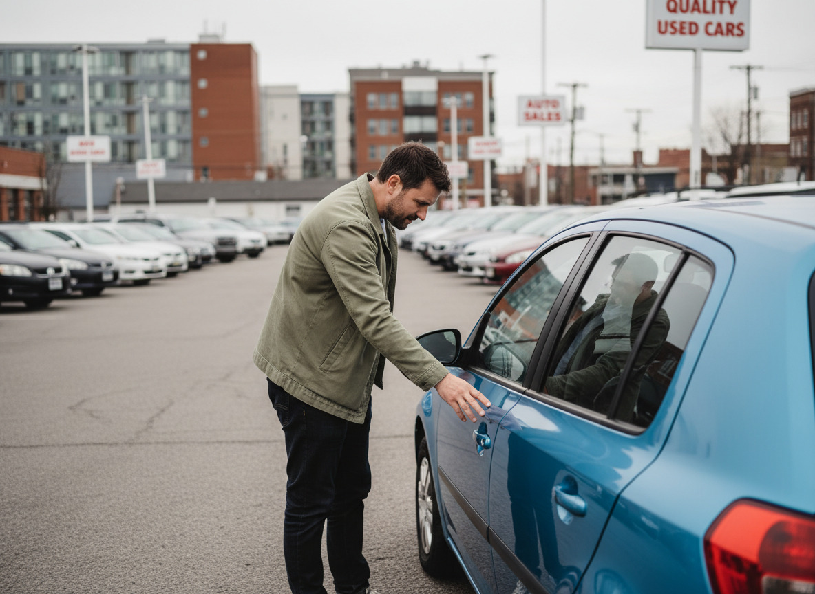 Homme inspectant une voiture d'occasion dans un concessionnaire