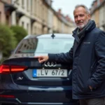 Homme d'âge moyen pointant une plaque d'immatriculation européenne