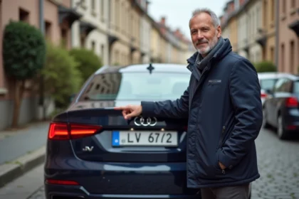 Homme d'âge moyen pointant une plaque d'immatriculation européenne