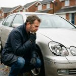 Homme examine un phare cassé de sa voiture devant sa maison