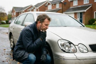 Homme examine un phare cassé de sa voiture devant sa maison