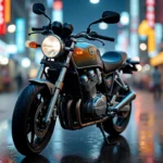 Honda CB 900 Hornet garée sur une rue urbaine mouillée de Tokyo, vue de face en plongée légère avec reflets néon sur l'asphalte