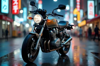 Honda CB 900 Hornet garée sur une rue urbaine mouillée de Tokyo, vue de face en plongée légère avec reflets néon sur l'asphalte