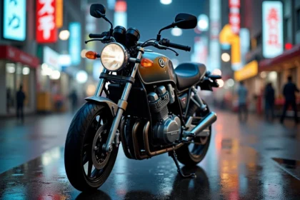 Honda CB 900 Hornet garée sur une rue urbaine mouillée de Tokyo, vue de face en plongée légère avec reflets néon sur l'asphalte