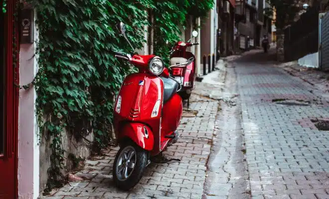 red motor scooter parked beside green plants