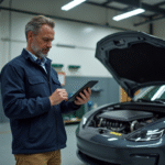 Ingénieur automobile devant un moteur électrique en garage