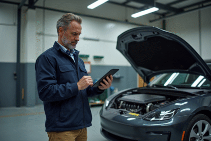 Ingénieur automobile devant un moteur électrique en garage