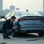 Ingénieur automobile inspectant le système de freinage régénératif d'une voiture hybride dans un parking urbain