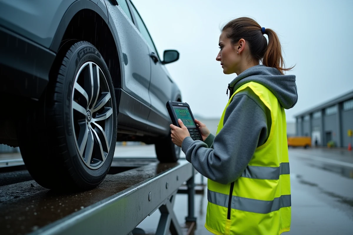 Ingénieure automobile inspectant un capteur ABS sous la pluie avec un scanner de diagnostic sur pont élévateur extérieur