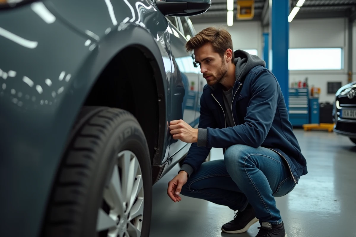 Acheteur inspectant l'état de la carrosserie d'un véhicule d'occasion lors d'une visite chez PF Motor