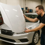 Personne inspectant une coiffe de voiture dans un garage bien éclairé