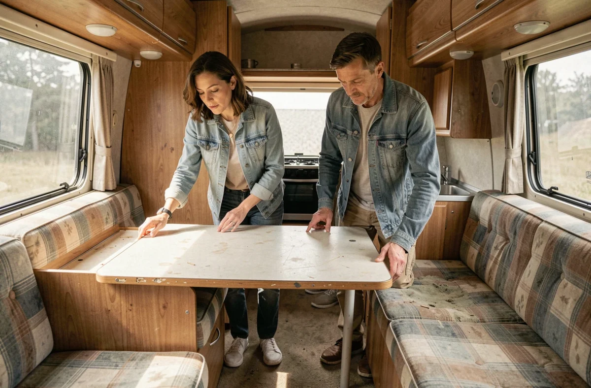 Un couple inspectant l'intérieur d'une caravane d'occasion, examinant l'état de la cuisine et de la sellerie avant achat