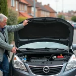Homme inspectant le moteur d'une voiture compacte en extérieur