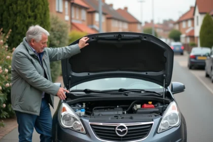 Homme inspectant le moteur d'une voiture compacte en extérieur