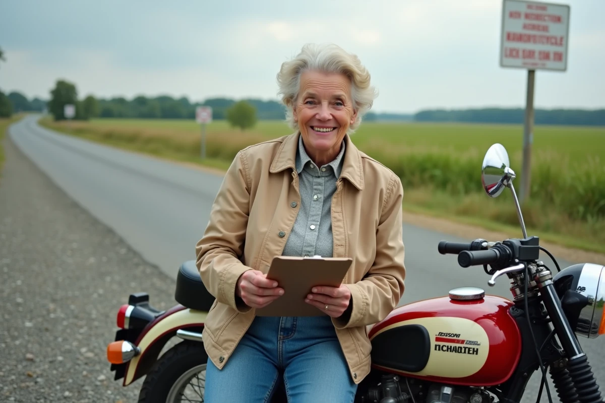 Femme inspectant une moto classique en extérieur dans un cadre rural