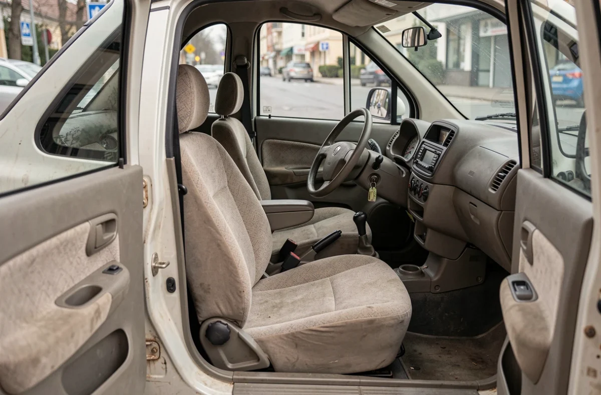 Intérieur usagé d'une voiture sans permis d'occasion à petit budget