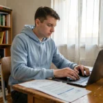 Jeune conducteur de 20 ans qui compare des offres d'assurance auto sur un ordinateur portable dans son appartement étudiant
