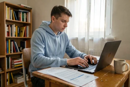 Jeune conducteur de 20 ans qui compare des offres d'assurance auto sur un ordinateur portable dans son appartement étudiant
