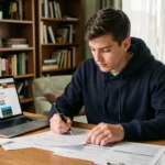 Jeune conducteur de 20 ans comparant des devis d'assurance auto sur des documents papier dans son appartement