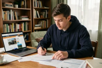 Jeune conducteur de 20 ans comparant des devis d'assurance auto sur des documents papier dans son appartement