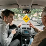 Jeune conducteur et accompagnateur désignant un panneau losange jaune depuis l'habitacle d'une voiture en zone résidentielle