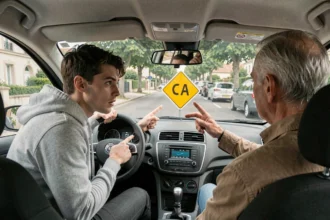 Jeune conducteur et accompagnateur désignant un panneau losange jaune depuis l'habitacle d'une voiture en zone résidentielle