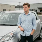 Jeune conducteur debout à côté d'une voiture compacte, tenant ses clés de voiture dans un parking suburbain