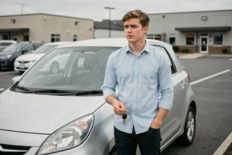 Jeune conducteur debout à côté d'une voiture compacte, tenant ses clés de voiture dans un parking suburbain