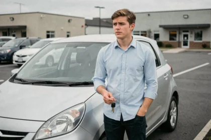 Jeune conducteur debout à côté d'une voiture compacte, tenant ses clés de voiture dans un parking suburbain