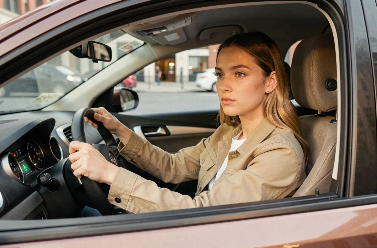 Jeune conductrice assise au volant d'une petite voiture sportive, les mains sur le volant en milieu urbain