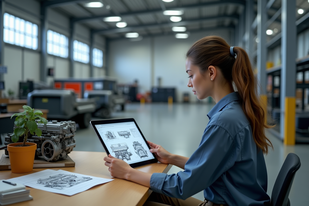 Jeune femme ingénieure analysant un diagramme diesel au bureau