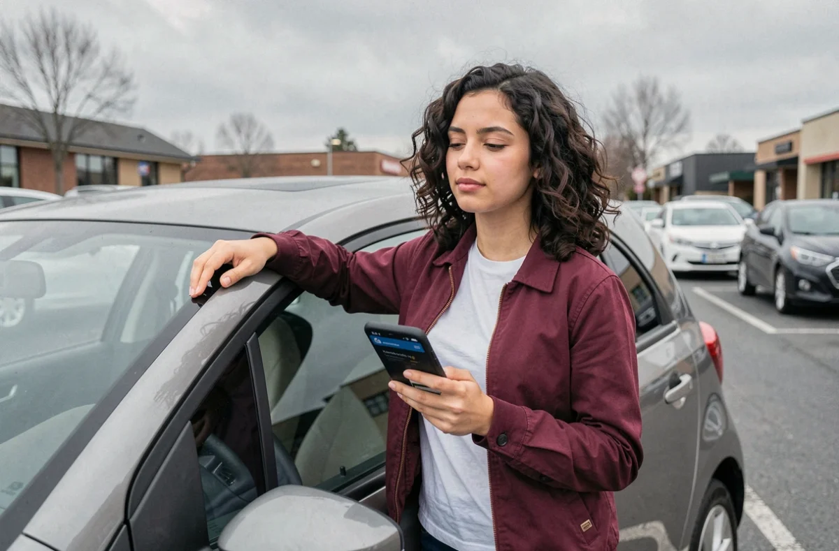 Jeune femme conductrice debout près de sa voiture compacte en consultant un comparateur d'assurance sur son smartphone