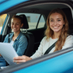 Jeune femme souriante avec instructeur dans la voiture